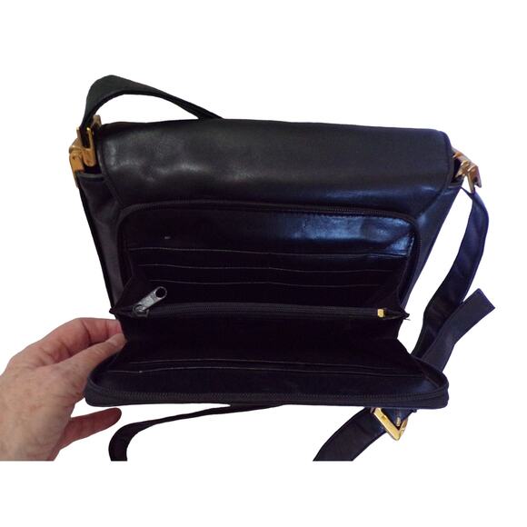 Classic Style Genuine Leather Navy Blue Shoulder Bag with Gold tone Hardware - Picture 4 of 5